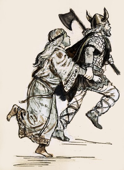 Woman being dragged off by a Viking raider by Unbekannt