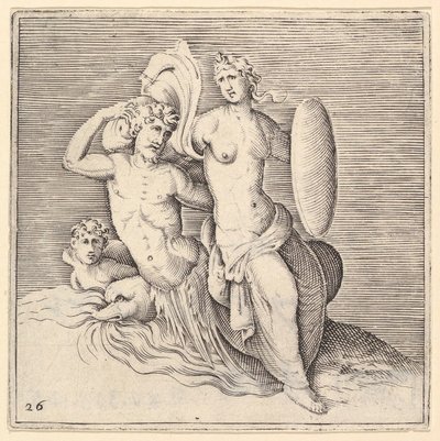 Woman with Shield Seated on Seamonster, published ca. 1599-1622 by Unbekannt