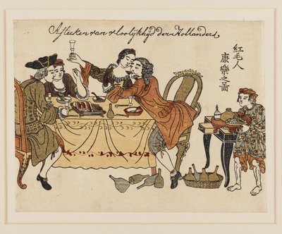 Woodblock print - Two Dutch gentlemen & their ladies making merry over a meal by Unbekannt