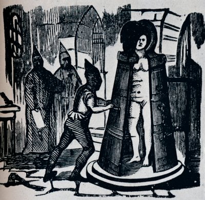 Woodcut showing Geuders Iron Maiden in a torture chamber Setting by Unbekannt
