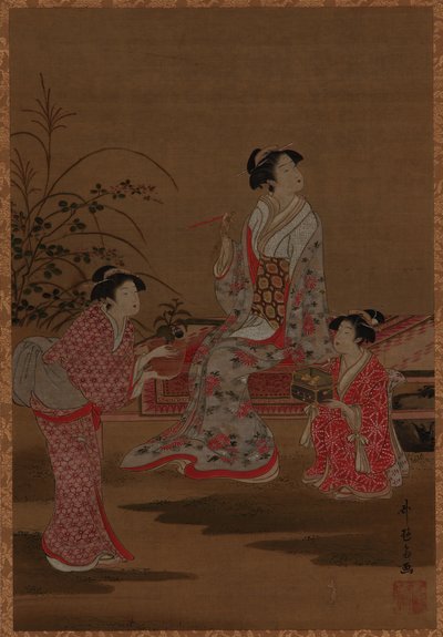 Young Woman with Two Girl Attendants, Seated in a Garden by Unbekannt