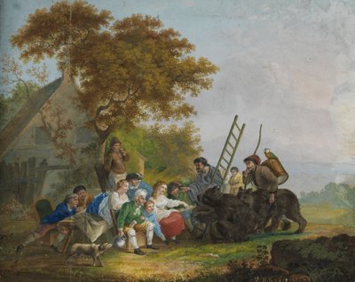 Two Wandering Showmen with Dancing Bears in Front of a Village Gathering by Unbekannt