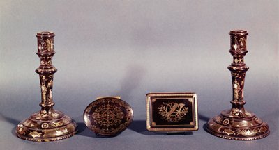 Pair of Louis XVI Candlesticks Inlaid with Gold and Mother-of-Pearl with Two English 18th Century Pique Point Boxes by Unbekannt Unbekannt
