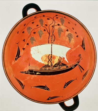 Black-figure kylix, inside view showing Dionysus in a boat with a vine, 6th century BC by Unbekannt Unbekannt