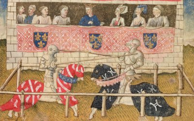 John Chalon of England and Lois de Beul of France jousting, from the Royal Armoury Manuscript, 1448 by Unbekannt Unbekannt