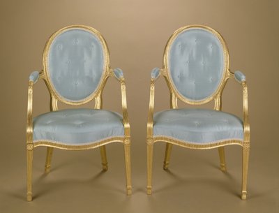 Pair of Adam oval-backed gilt carver chairs, blue upholstered, c.1780 by Unbekannt Unbekannt