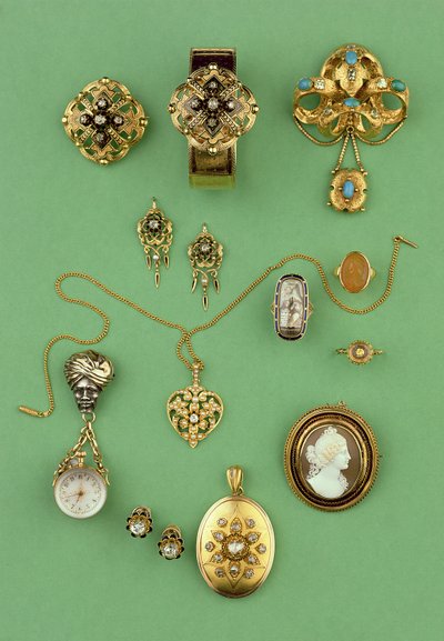 Selection of Jewellery: gold and enamel bracelet, gold and turquoise stomacher brooch, fob watch, mourning ring, cornelian cameo ring and rose-cut diamond locket by Unbekannt Unbekannt