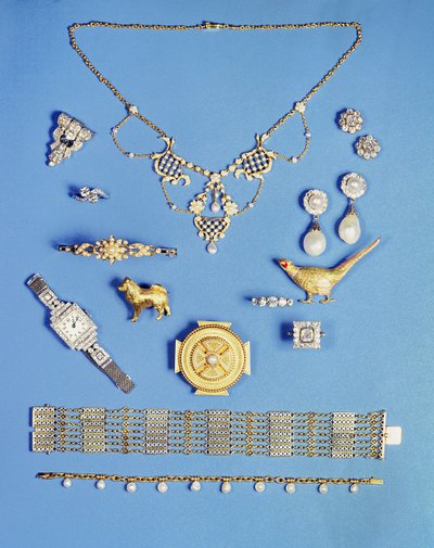Selection of jewellery: pearl and gold pendant; Art Deco diamond clip brooch; pearl drop earrings; Celtic style gold brooch; Edwardian chain bracelet; pheasant brooch; half pearl gold hinged bangle by Unbekannt Unbekannt