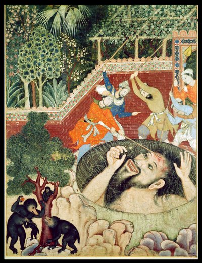 Zumrud Shah falls into a pit and is beaten by gardeners, from the Hamzanama (Book of Hamza), from India or Pakistan, c.1562-77 by Unbekannt Unbekannt