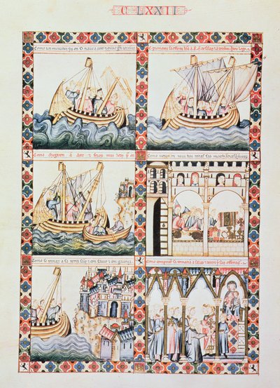 A Journey to Acre, illustrations to Cantiga 172, one of 420 musical compositions narrating the miracles of the Virgin, written in Galician for Alfonso X 