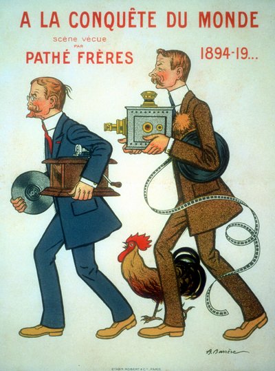 1898 poster by Adrien Barrere for brothers Charles Pathé (1863-1957) and Emile Pathé (1860-1937) French engineers, cinema producers, here with the Cock (their symbol), projector and phonograph by Unbekannt
