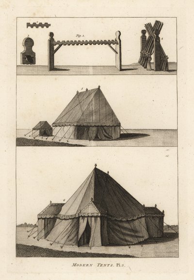18th century military tents: horse or rack to support firelocks, muskets on the rack, laboratory tents belonging to the artillery, field officer
