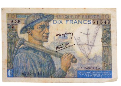 1942 10-Franc Note by Unbekannter Künstler
