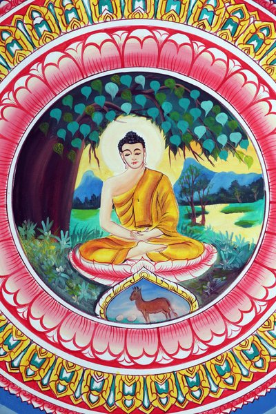 Wat Inpeng Buddhist Temple: Painting Depicting the Life Story of Shakyamuni Buddha - Buddha Sitting in the Meditation Pose, Vientiane, Laos by Unbekannt