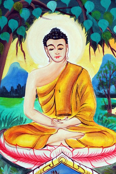 Wat Inpeng Buddhist Temple. Painting Depicting the Life Story of Shakyamuni Buddha. Buddha Sitting in the Meditation Pose, Vientiane, Laos, 2015 by Unbekannt
