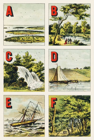 A B C D E F: Archipelago, Bois de Boulogne, Cascade, Dyke, Reef, Forest of Fontainebleau - Engraving from Geographical Alphabet. Guerin-Muller et Cie, publishers, Paris by Unbekannt
