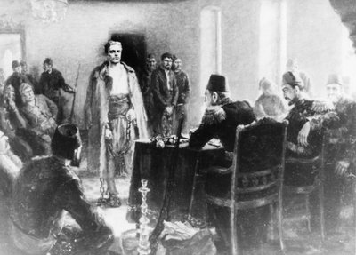 Bulgarian Revolutionary Vasil Levski in Front of a Tribunal of the Ottoman Empire, painting by Kalina Tasseva by Unbekannt