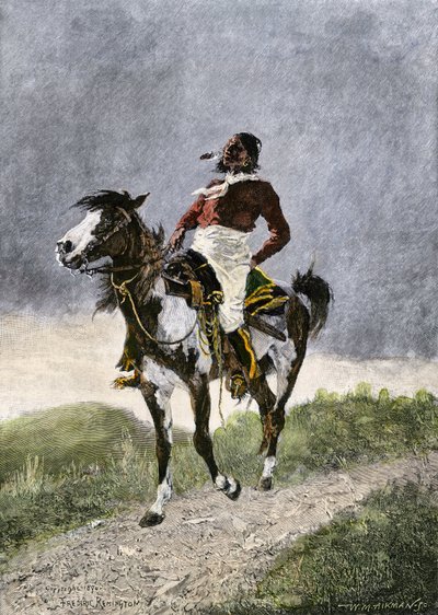 A brave Comanche, traveling on horseback in the southern prairies (Texas, Oklahoma, USA), around 1800. Lithograph by Unbekannter Künstler