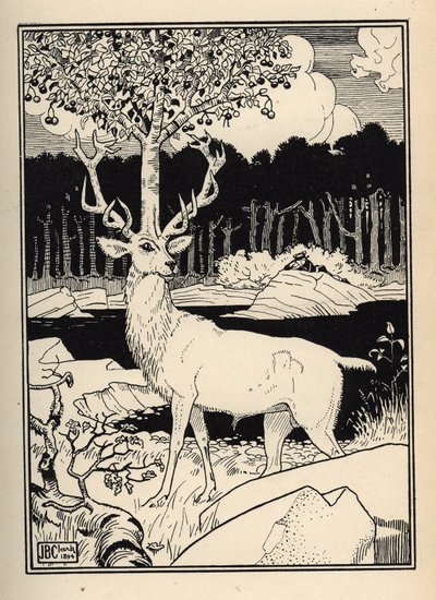 A cherry tree on the head of a deer touched by the stones of cherries spears by the Baron de Munchausen. Illustration by William Strang and JB Clark from 