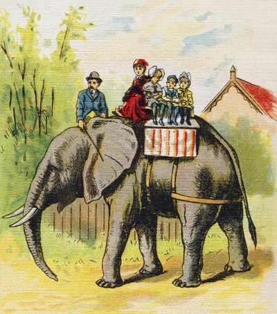 A family sitting on an elephant. Engraving in 