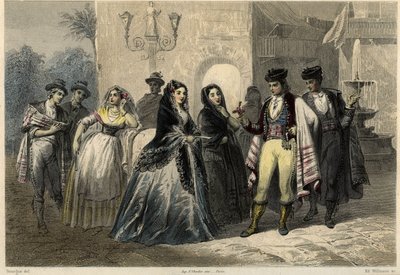 A gallant scene in Mallorca, a young man offers a flower to a girl. in the book on the Mediterranean by Louis Enault (1824-1900), a French journalist and traveler. by Unbekannter Künstler