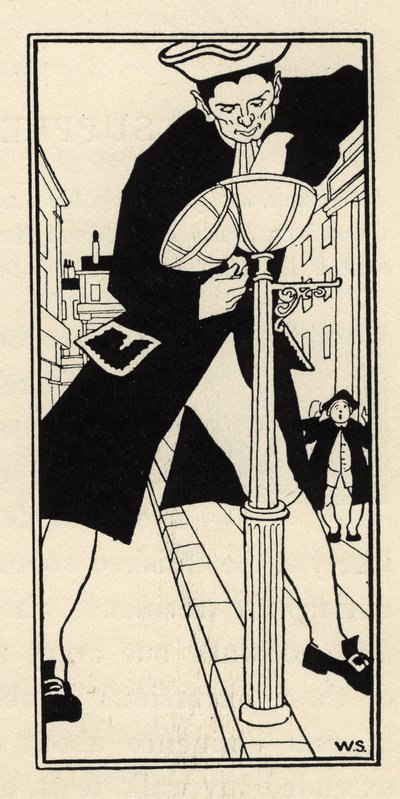 A giant, brought by the Baron de Munchausen from the Cheese Island in England, lights the street lights without a ladder. Illustration by William Strang and JB Clark from 