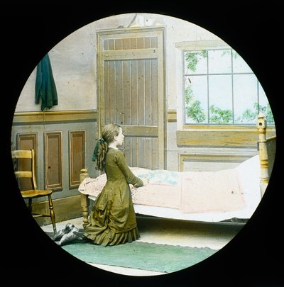 A Girl Kneeling in Prayer at Her Bedside, Magic Lantern Slide, c 1890 by Unbekannt