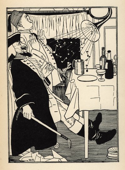 A trumpet that had frozen, produces sounds on its own when it heats up, to the amusement and amazement of all. Illustration by William Strang and JB Clark from 
