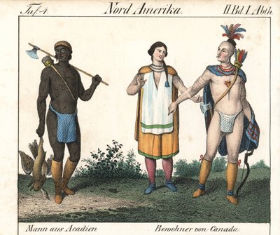 Acadian man with tattooed body and a couple of native Canadian Indians. Lithography for the book: “Galerie complete en tableaux fideles des peuples d