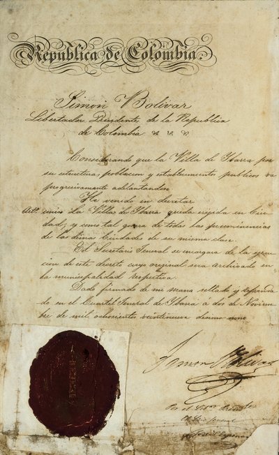 Act of elevation of the village San Miguel de Ibarra by Simon Bolivar by Unbekannter Künstler