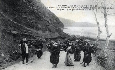Albania: Gypsy women wearing wooden bundles on their backs - Postcard 1914-1918 by William M. Timlin