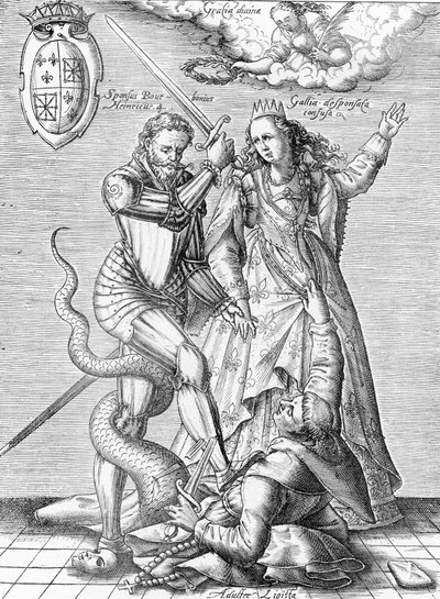 Allegory of the death of the Catholic League represented as a monk with body of snake killed by King Henry IV of France (End of the 19th century) by Unbekannter Künstler