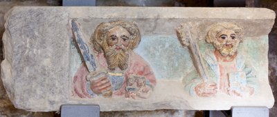 Altarpiece. polychrome stone. Second half 14th century. Origin former parish church of Torre de Rialb. (detail) Lower register. Left panel. The evangelists Paul Peter. by Unbekannt