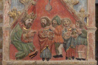 Altarpiece. polychrome stone. Second half 14th century. Origin former parish church of Torre de Rialb. (detail) Mid register. Left panel. Upper part: the Saints Iscle and Victoria with the officials. by Unbekannt