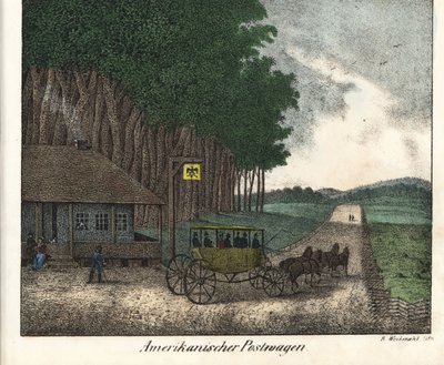 An American post office and a diligence. Lithography for the book: “Galerie complete en tableaux fideles des peuples d
