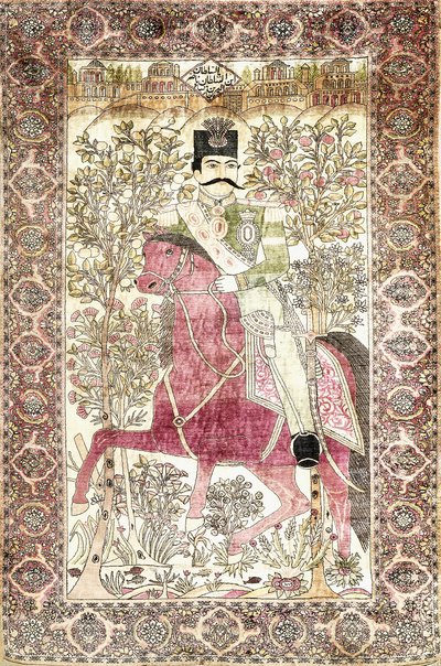An Antique Silk Kashan Mochtasham Pictorial Rug, Depicting the Mounted Figure of Naser al-Din Shah by Unbekannt