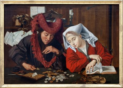 An echevin and his wife, a moralising allegorical scene of everyday life or under a candle, the appeal of gold coins on the balance, discovers the attention of spiritual occupations, Oil painting on canvas, workshop by Marinus Claeszoon van Reymerswaele by Unbekannt