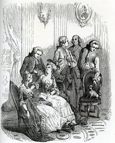 An evening at the Chateau de Vaux-le-Vicomte at the times of king Louis XV (1710-1774). 19th century (engraving from "Mysteres des vieux chateaux de France" by Le Francois) by Unbekannter Künstler
