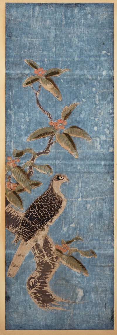 An Ishizuri-e Depicting a Falcon Perched on a Nanten Branch, Set Against a Blue Background by Unbekannt