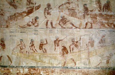 Ancient Egypt: Saqqarah: necropolis of the Old Empire, tomb of noble. Detail of the reliefs representing the construction of a boat by Leopold Blonder