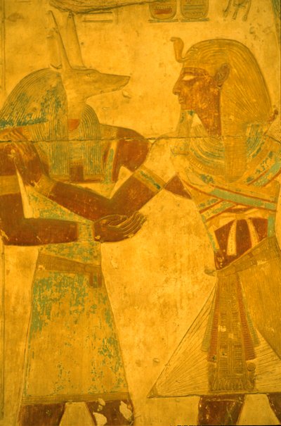Ancient Egypt, Wall Painting/Carving, Seti I Embracing the God Anubis, Temple of Seti I, Abydos by Leopold Blonder