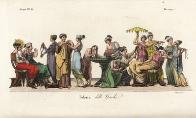 Ancient Greek women at their toilet: washing hair in a font, trying on clothes, arranging hair, admiring a necklace, etc by Unbekannt