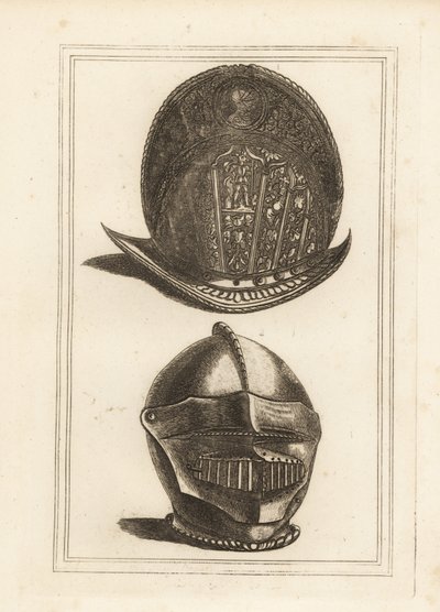 Ancient Venetian Morion Helmet Ornamented with Military Trophies, and a Burgonet Helmet with Unified Visor and Bever from the Tower of London by Unbekannt