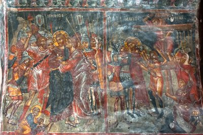 Ancient Frescoes; Wall Paintings; Kiss of Judas; Crucifixion of Jesus; Panagia and Sotiras Church; Greek Orthodox Church; Roustika; Crete; Greece by Unbekannt