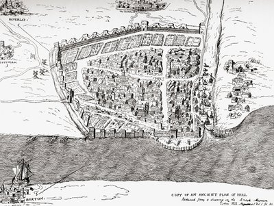 Ancient plan of Kingston upon Hull, East Riding of Yorkshire, England, from Picturesque History of Yorkshire, published c.1900 by Unknown