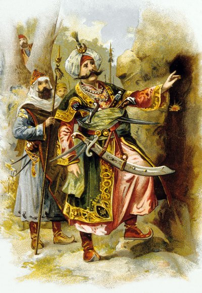 Arabian Nights: Ali Baba and the Forty Thieves: the leader of thieves saying "Open Sesame", advertisement for "Le Bon Marche" c. 1900 by Unbekannter Künstler