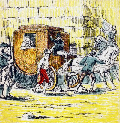 Arrest of Louis XVI and his fleeing family in Varennes on 21 June 1791. Engraving in 