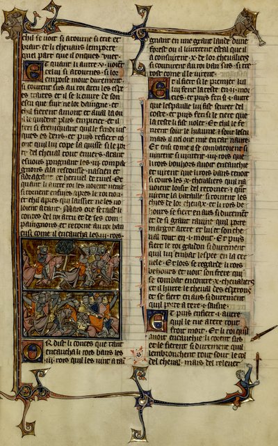 Arthurian Legend (Quest for the Holy Grail): Benoic Chases Saxon and the Battle of Danablaise, Illumination from the Manuscript History of Merlin, Dating of 13th Century Between 1280-1290 by Unbekannter Künstler