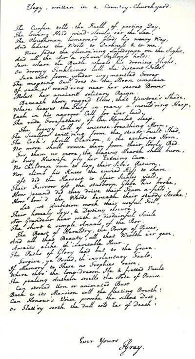 Autograph Copy in the Handwriting of the Poet, Thomas Gray, of His Poem 