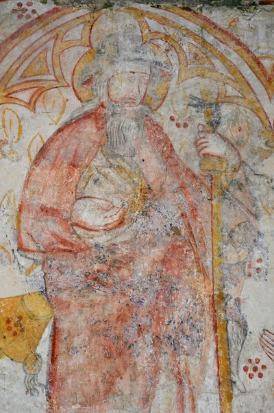 Avy, Church Notre Dame. 14th century mural (Virgin and Child surrounded, worship by pilgrims accompanied by their Holy Patrons) by Unbekannter Künstler